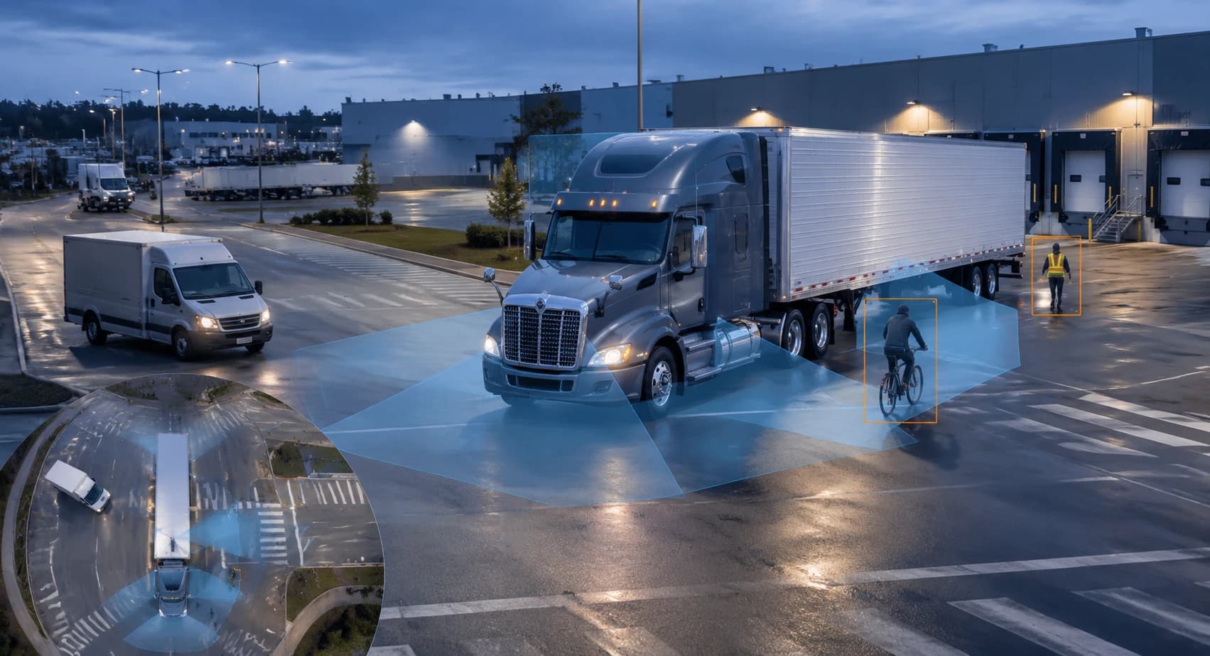 Truck blind-spot camera monitoring planning illustration for commercial vehicle fleets