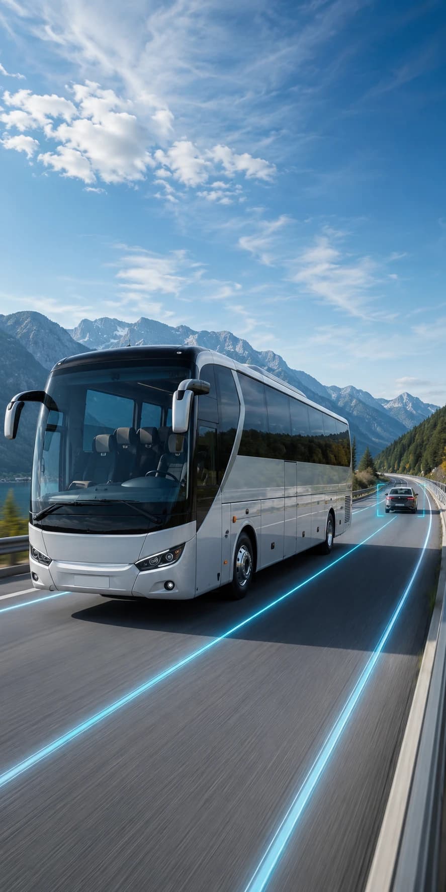 Intercity coach traveling on a mountain highway with intelligent lane guidance