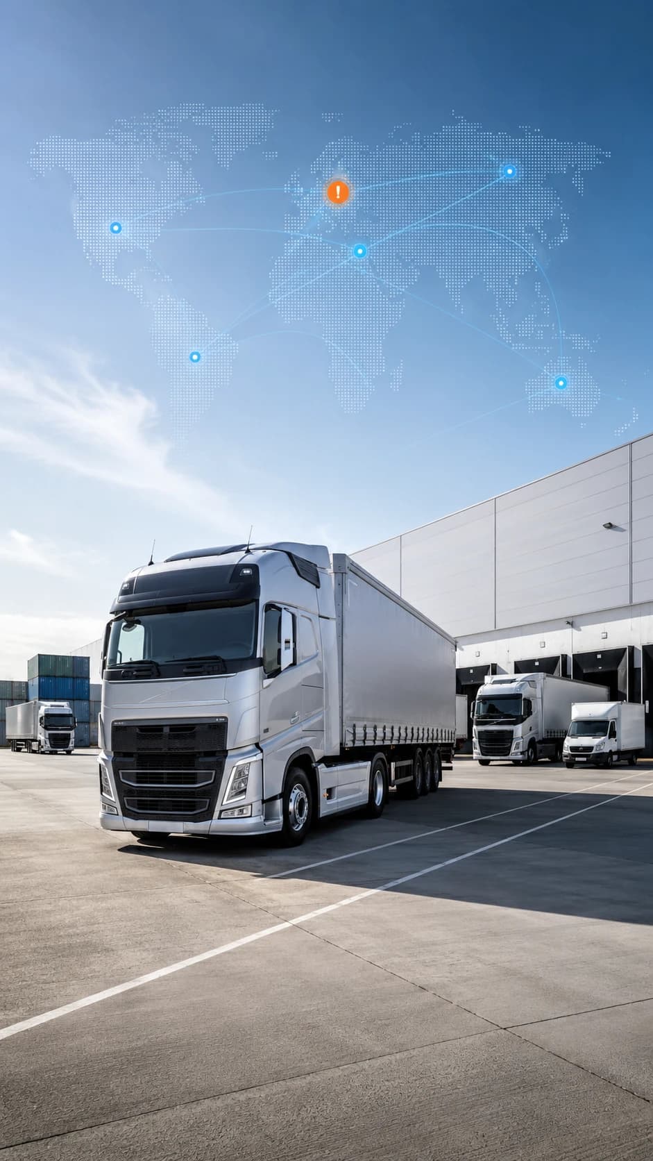 Logistics truck fleet at a loading dock with global tracking visualization