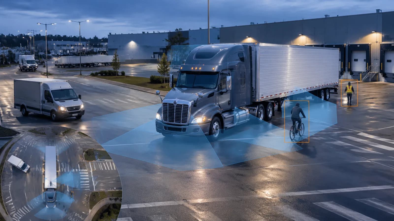 Truck surround-view and blind-spot camera planning around a logistics yard