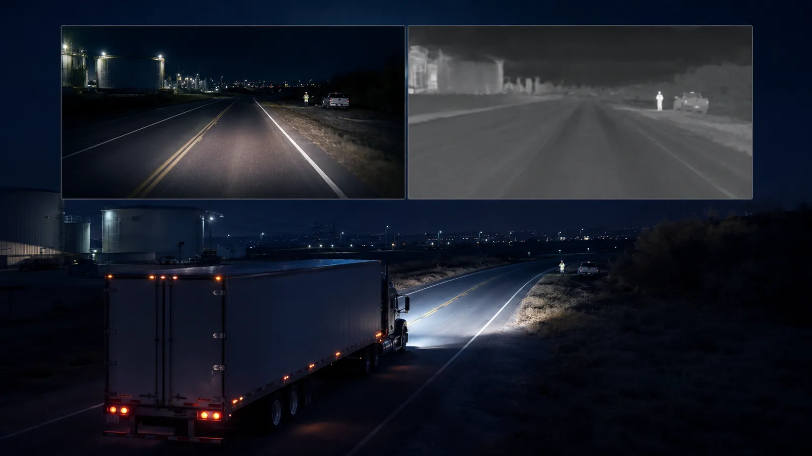 Vehicle thermal camera and visible-light camera comparison for truck driving