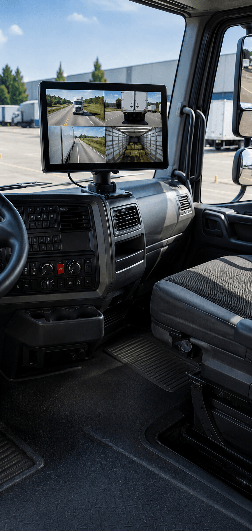 Video telematics monitor showing multi-camera vehicle views in a truck cabin